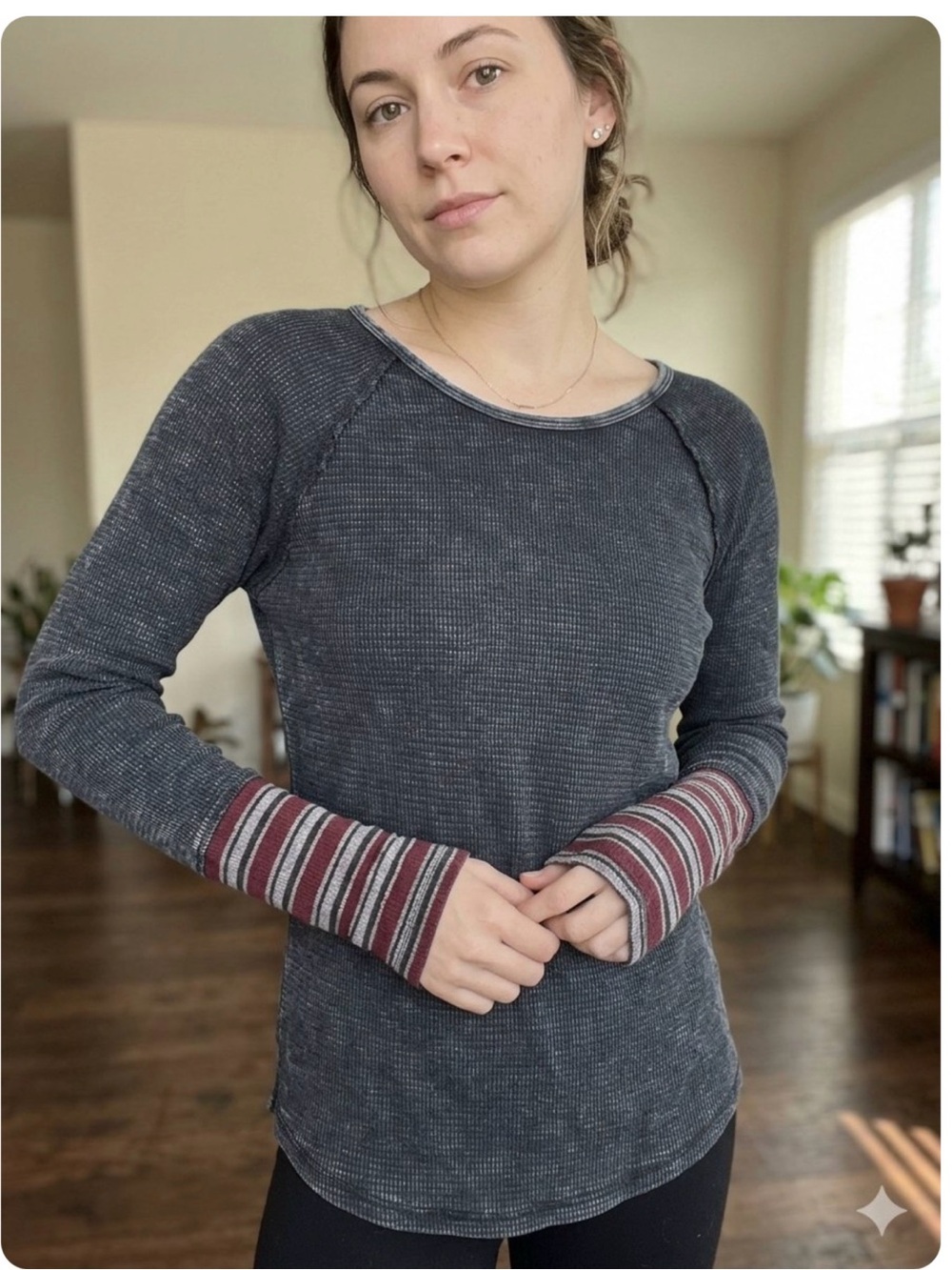 BKE Gray Waffle Knit Long Sleeve Top with Striped Cuffs
